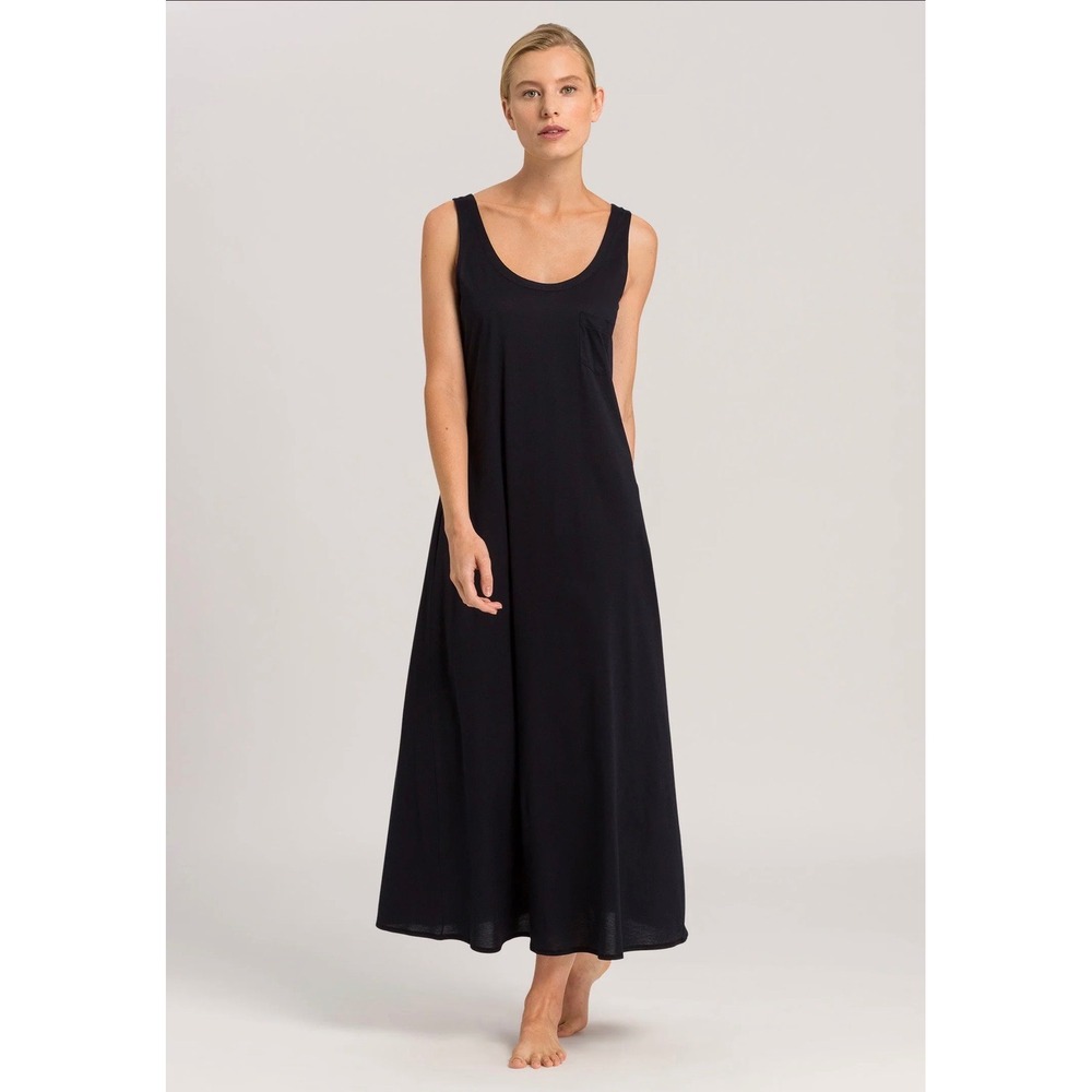 Hanro Cotton Deluxe Sleeveless Nightdress 7951 Black Tank Maxi Gown Dress Size L